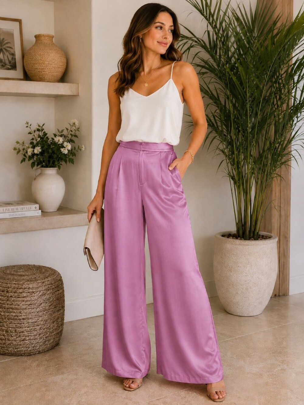 AMUR Silk Wide Leg Pants Pink Purple Satin Pleated Trousers Size 4